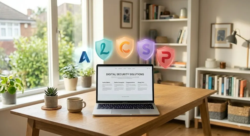 A laptop on a desk with five coloured security shields floating above the screen