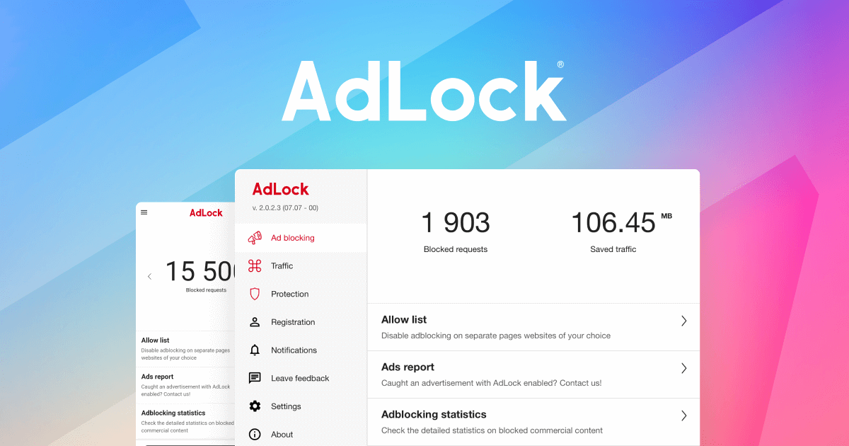 The AdLock desktop application showing blocked-request and saved-traffic counters alongside allow list, ads report and statistics options